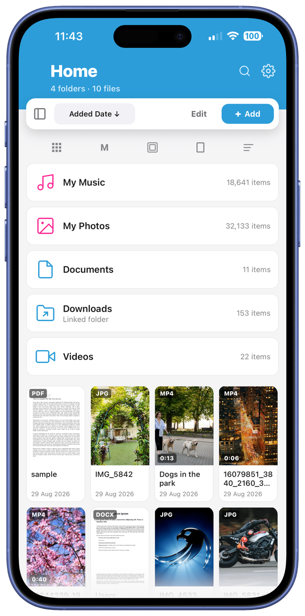 Falcon on iPhone, Home with folders and recent files