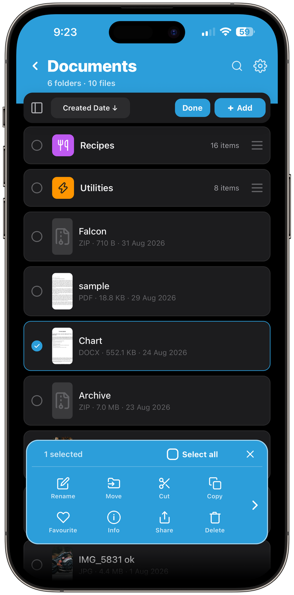 Falcon documents folder with files selected