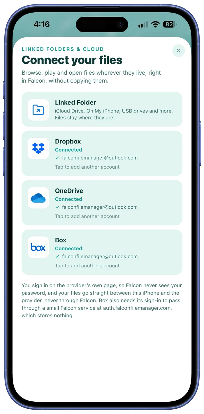 The Connect your files sheet in Falcon, with Linked Folder, Dropbox, OneDrive and Box
