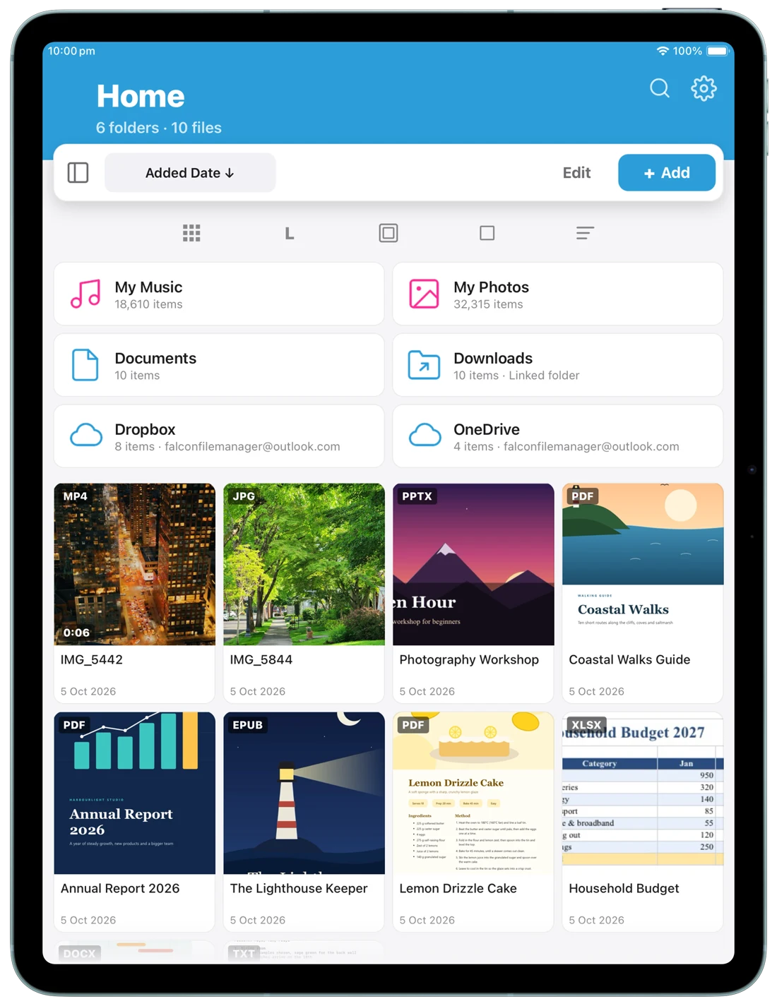 Falcon File Manager on iPad, Home with folders, cloud storage and a grid of media