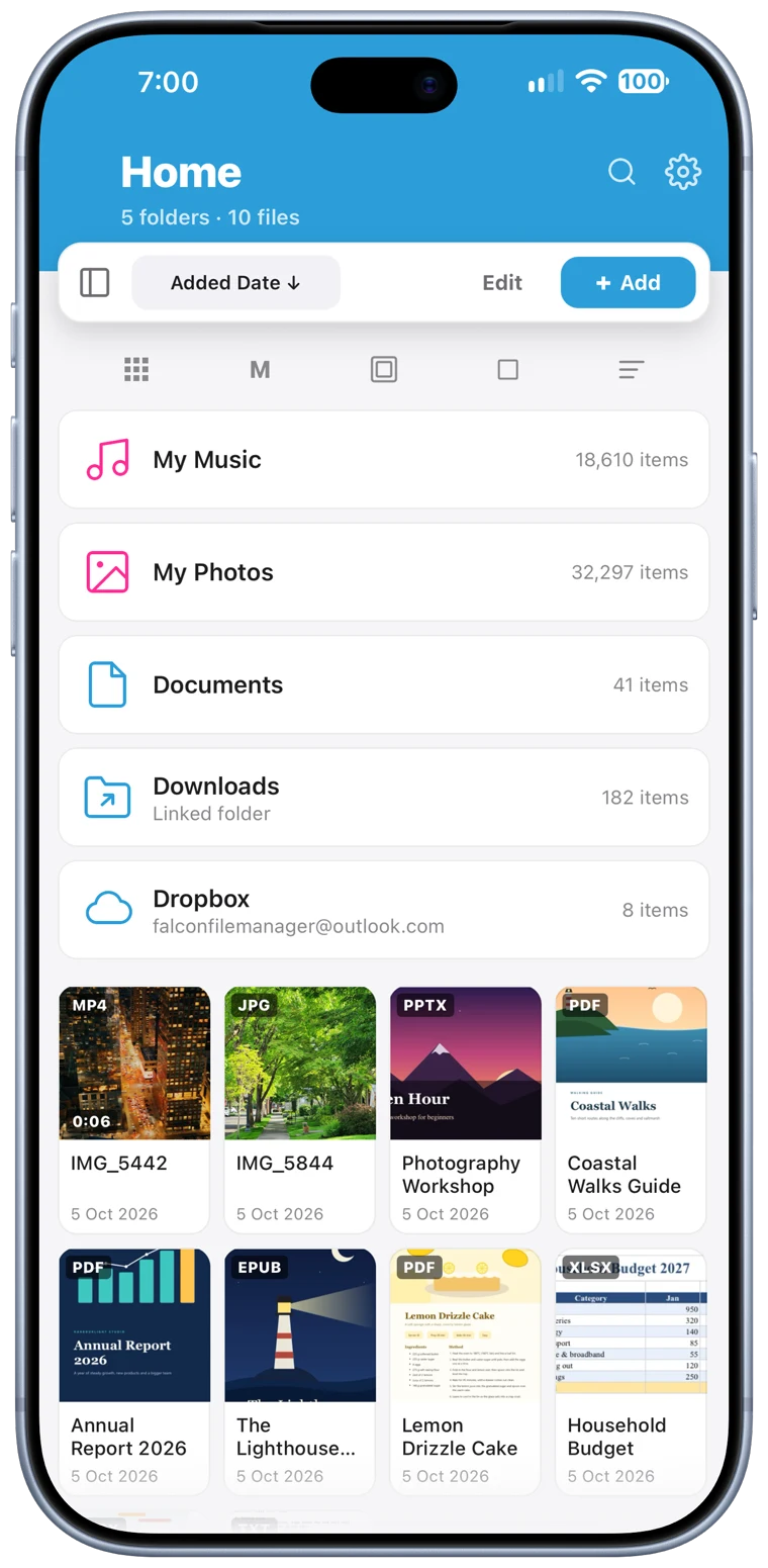 Falcon File Manager on iPhone, Home with folders and recent files