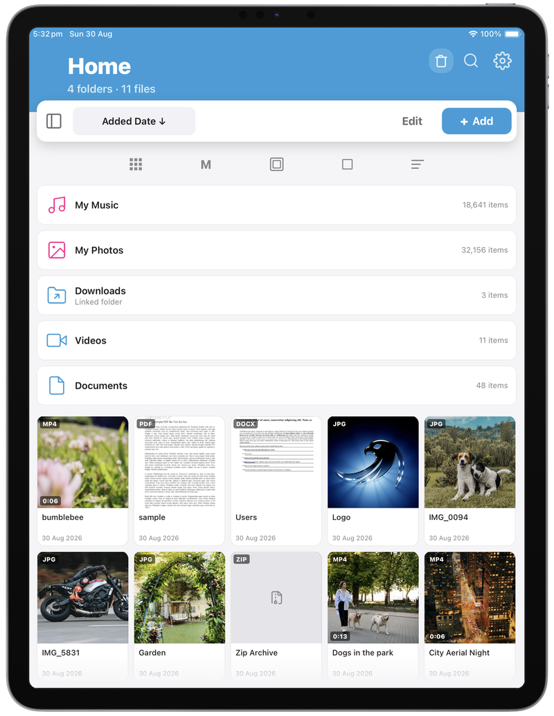 Falcon on iPad, Home with folders and a grid of media