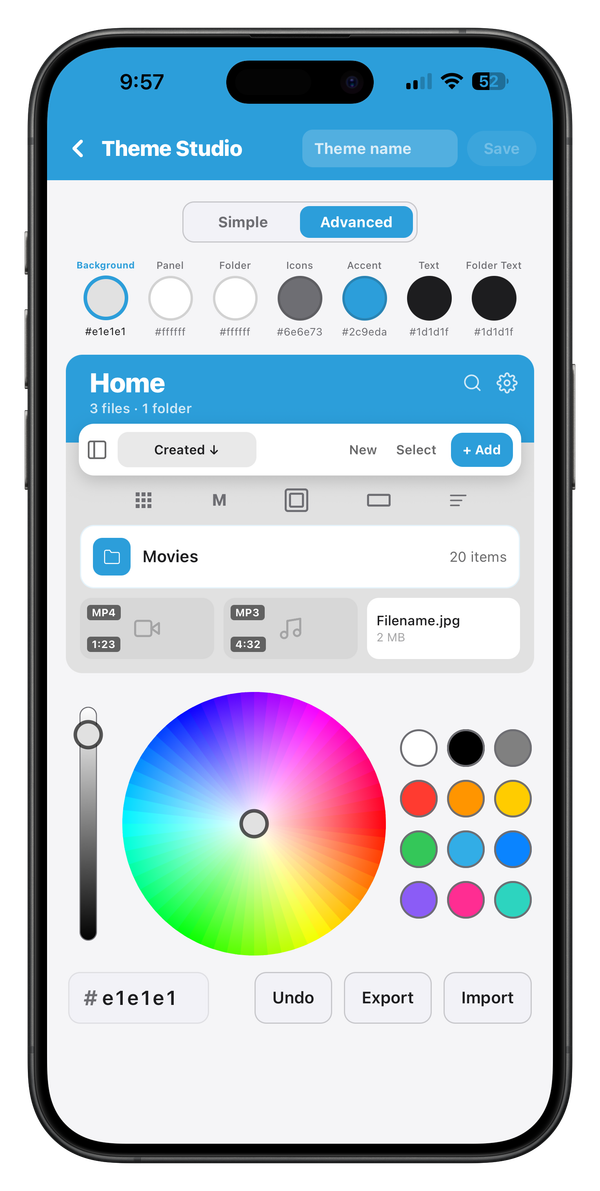 The custom theme designer in Falcon