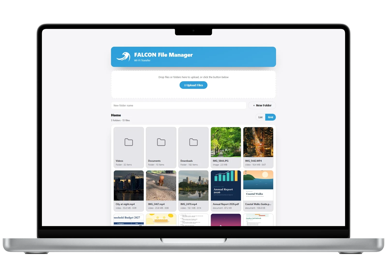 The Falcon File Manager Wi-Fi Transfer page open in a browser on a MacBook
