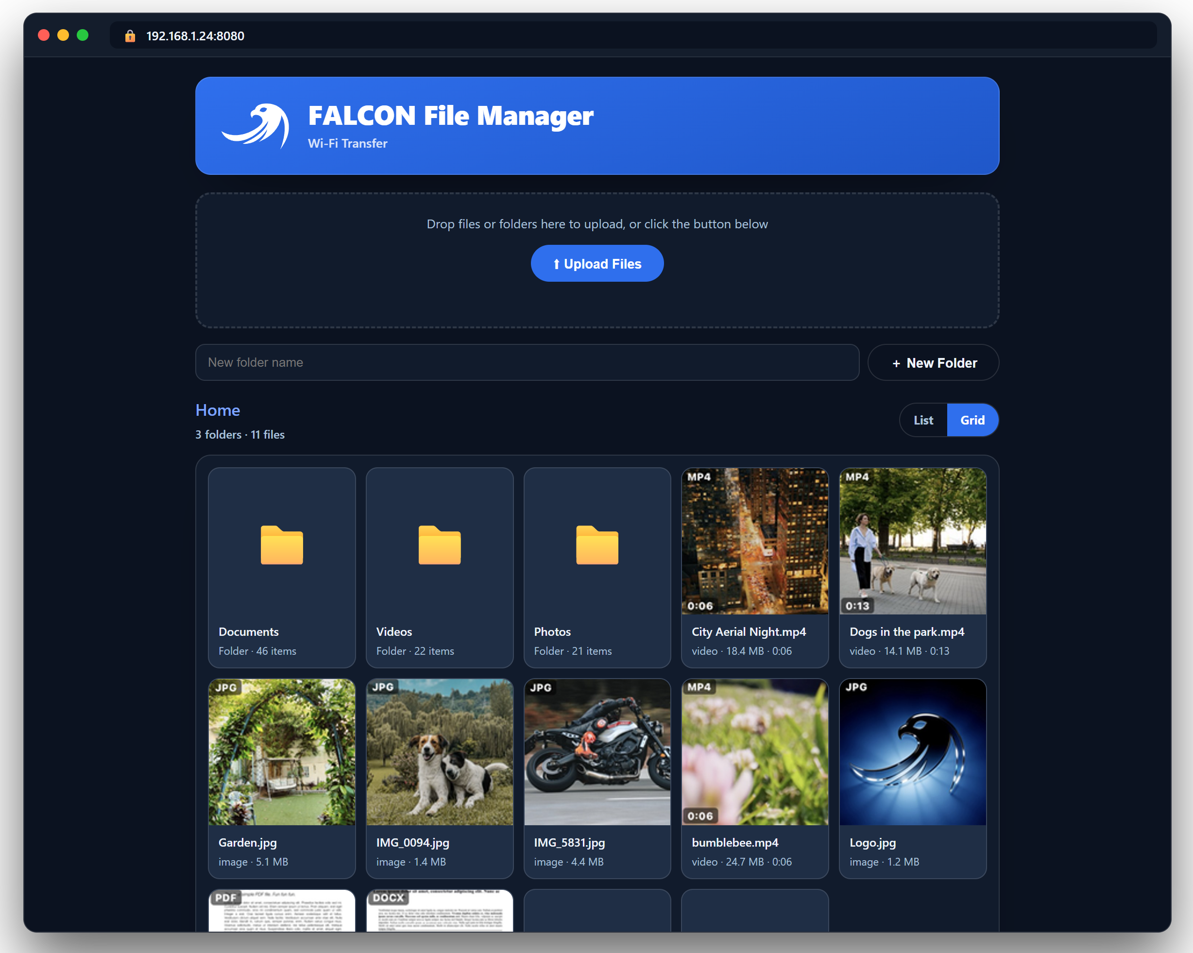 The Falcon Wi-Fi Transfer page open in a desktop browser